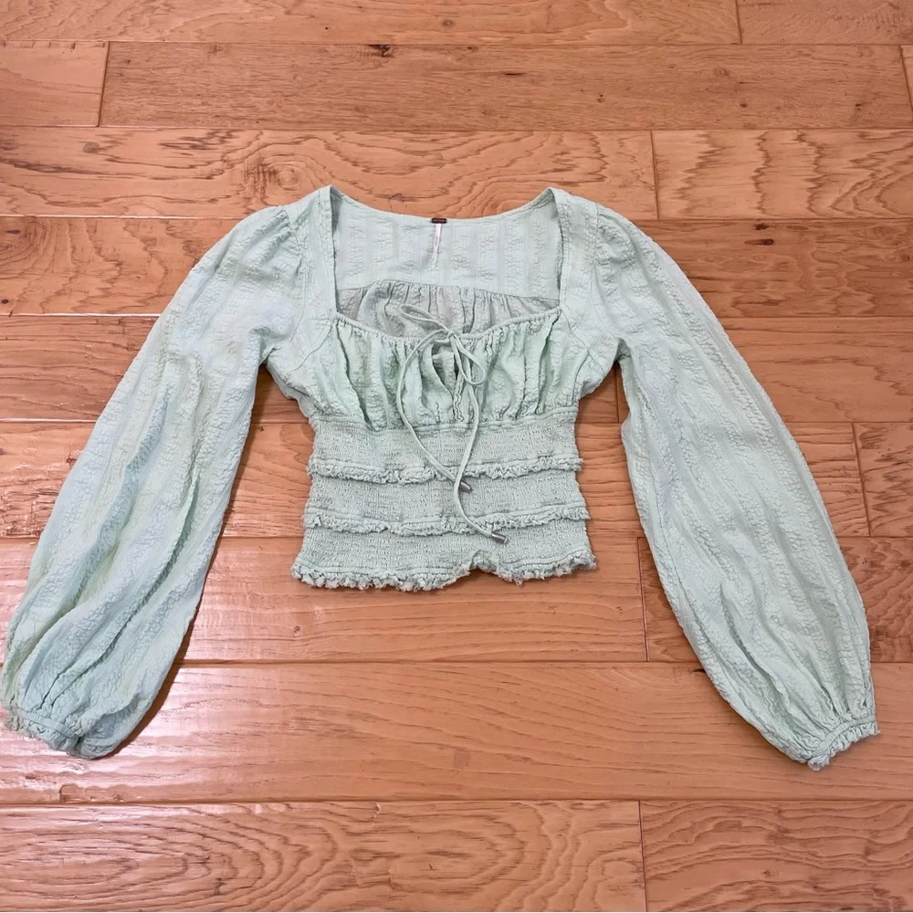 Free People Lolita Blouse Top Puff Long Sleeve Smocked Queen Green Size Small